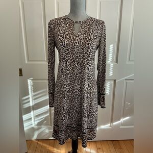 Michael Kors Brown and Cream Leopard-Print Long Sleeve Dress